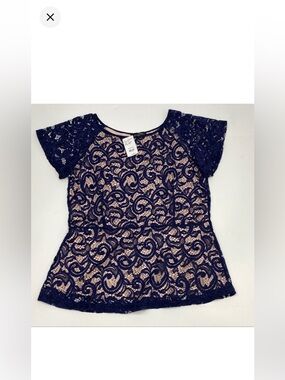 Suzanne Betro Navy Lace Overlay Womens Blouse